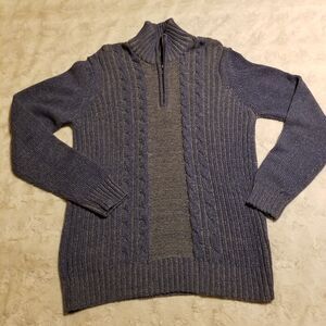 Men's Sweater Large Cable Knit Blue Mock Neck Pullover Fisherman Cotton Blend